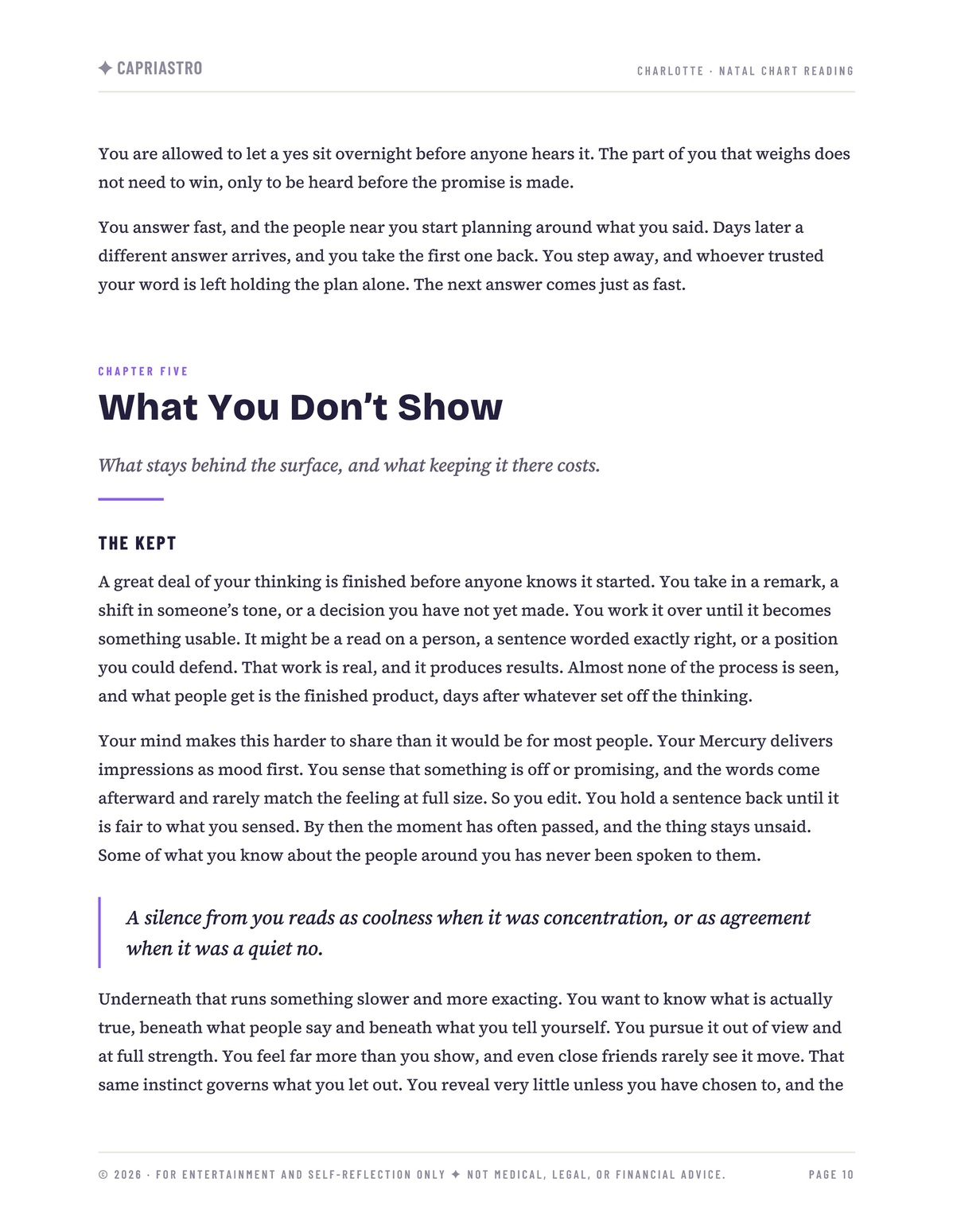 Charlotte’s reading, Chapter Five, What You Don’t Show, page 1
