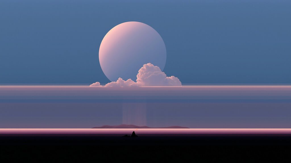 A pale planet rising behind a cloud above a calm horizon