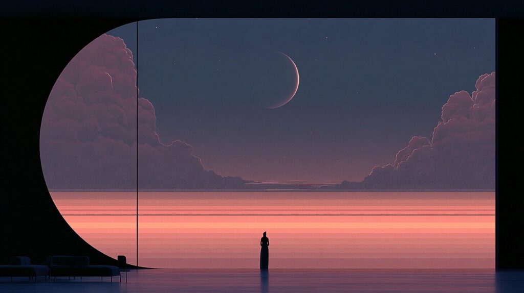 A lone figure in a vast window watching a crescent moon over a pink sea at dusk