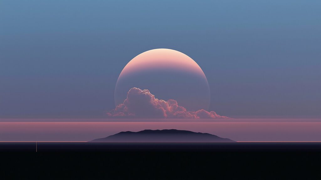 A pale planet rising behind a cloud above a dark island at dusk